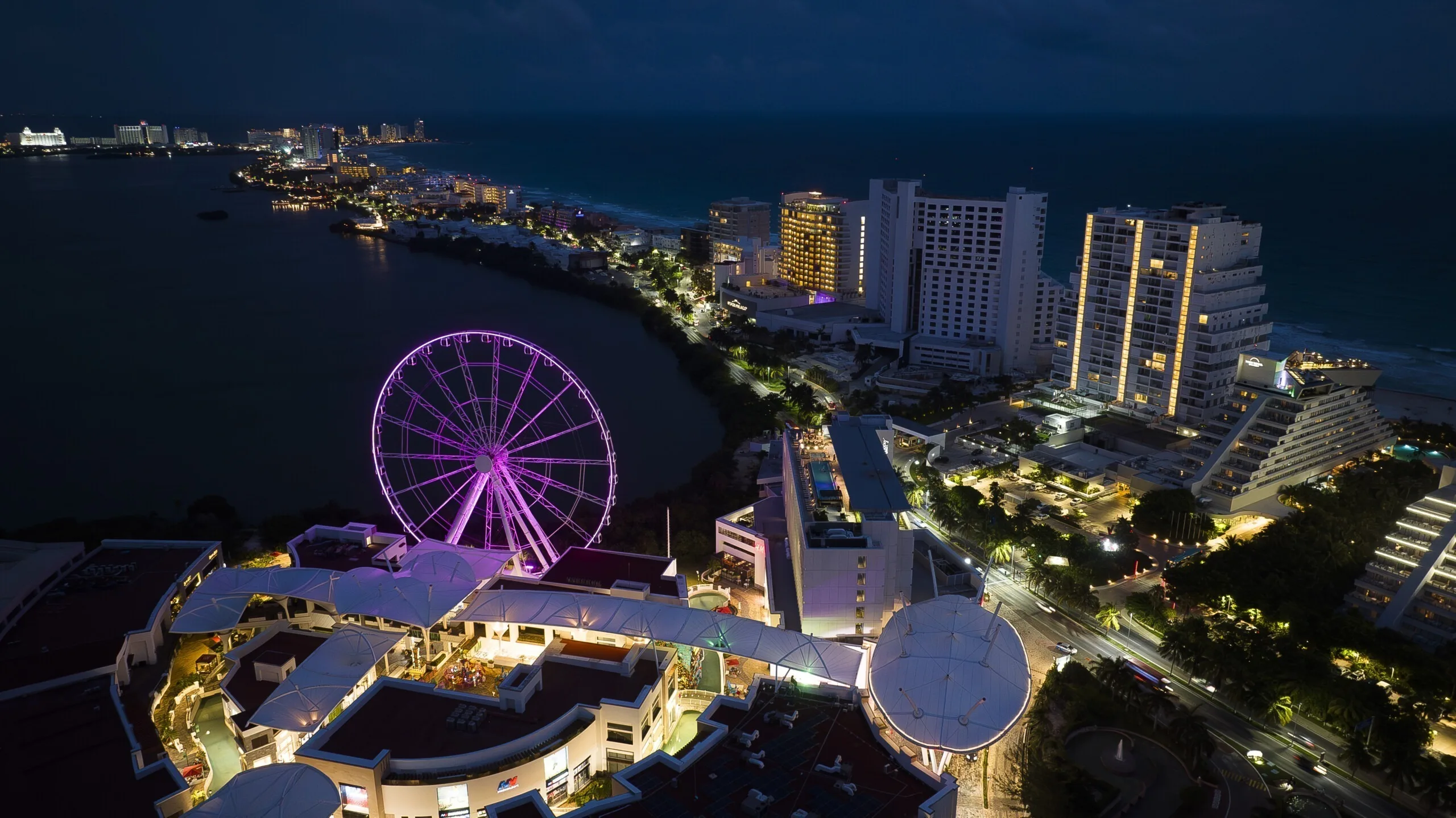The wheel in bright magenta above the mall, apartment towers behind it and the bay beyond