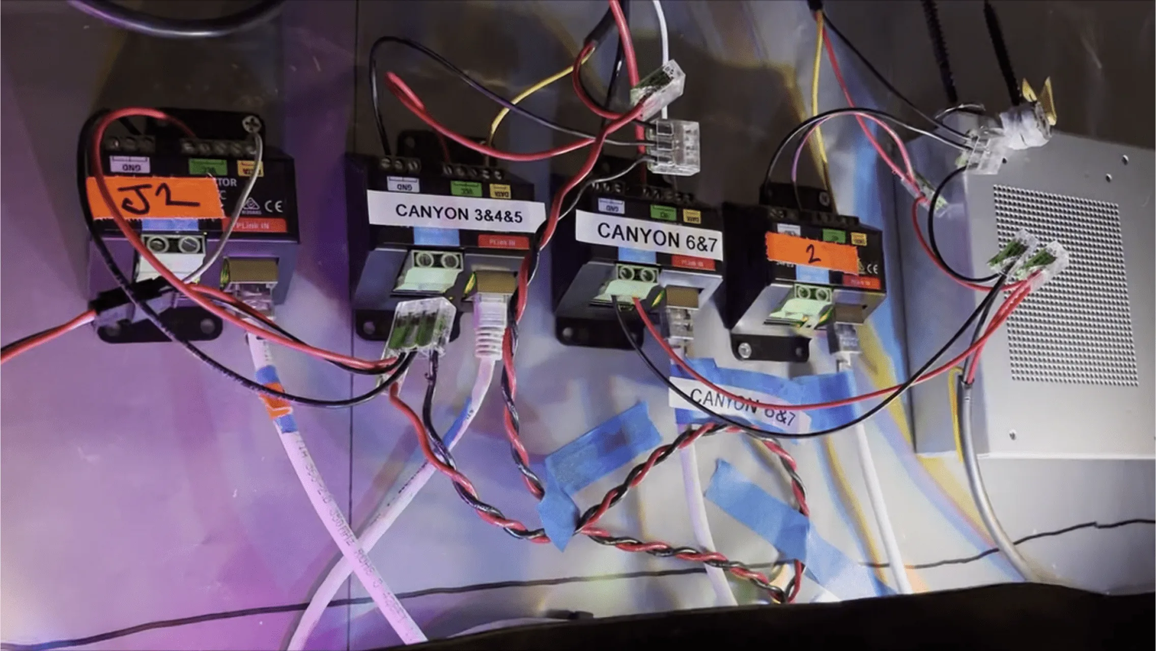ENTTEC power supplies and injectors wired up on the bench before install