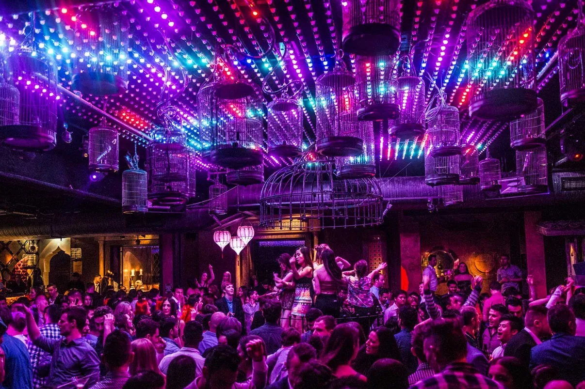A full crowd below the ceiling running magenta, red and green stripes, dancers raised on a platform at the back