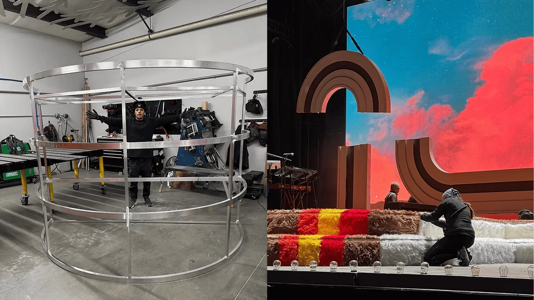 Two build shots, the semi-circular DJ booth frame under construction in the workshop and a crew member fitting the striped fur steps on stage