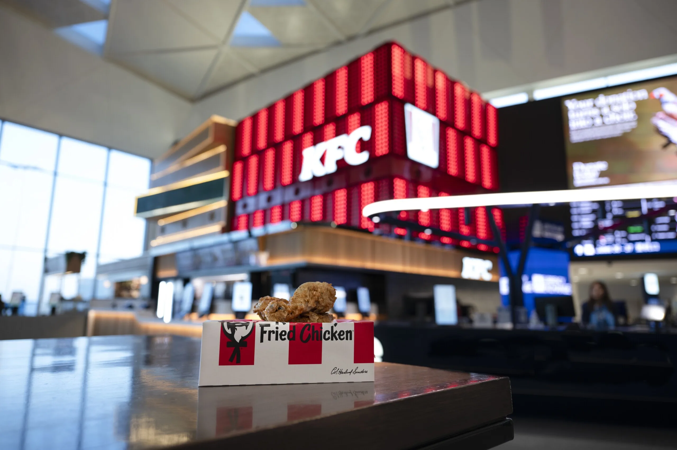 A KFC chicken bucket on the counter plinth in the foreground, the red dot box and menu screens rising behind it