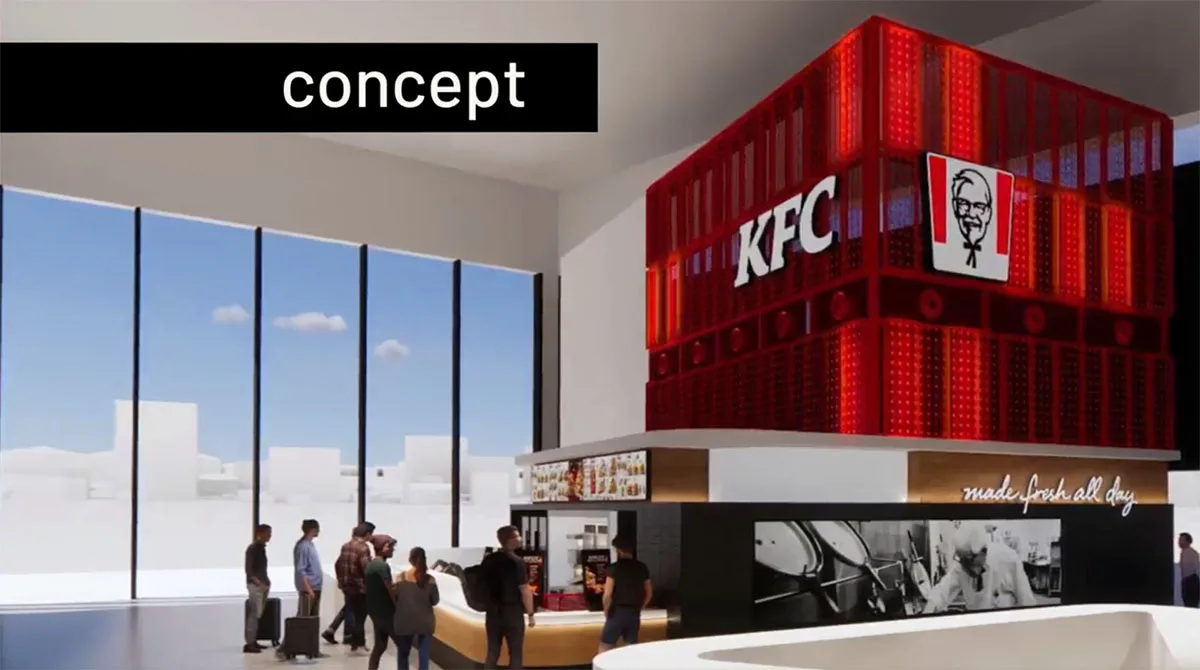 Early concept render of the outlet, the red dot box floating above the counter with customers queueing and open sky through the glass