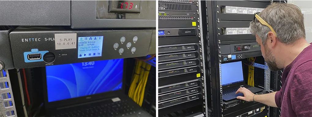 Two panels, an ENTTEC S-PLAY front screen showing its IP address and current playback, and an engineer working at the equipment rack