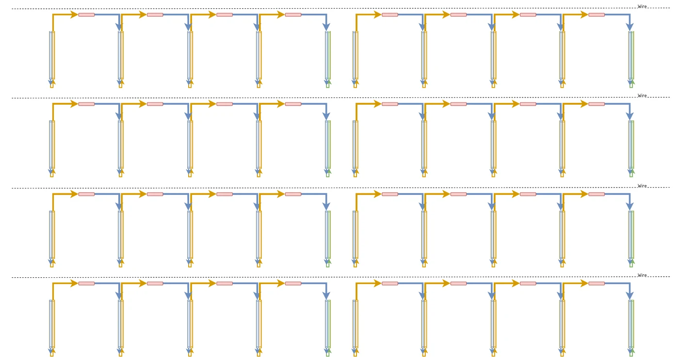 Section layout: four dotted wires, each with ten lanterns hanging below in two runs of five, the cable traced from lantern to lantern
