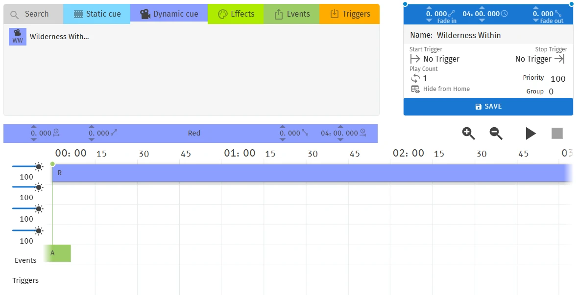 The S-PLAY Lite playlist editor: the Wilderness Within playlist, one four-hour dynamic cue with an Event at the start
