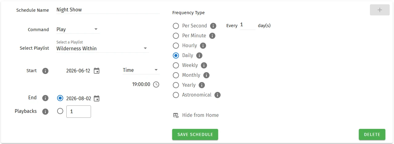 The S-PLAY Lite scheduler: the Night Show schedule plays the Wilderness Within playlist daily at 19:00 from 2026-06-12 to 2026-08-02