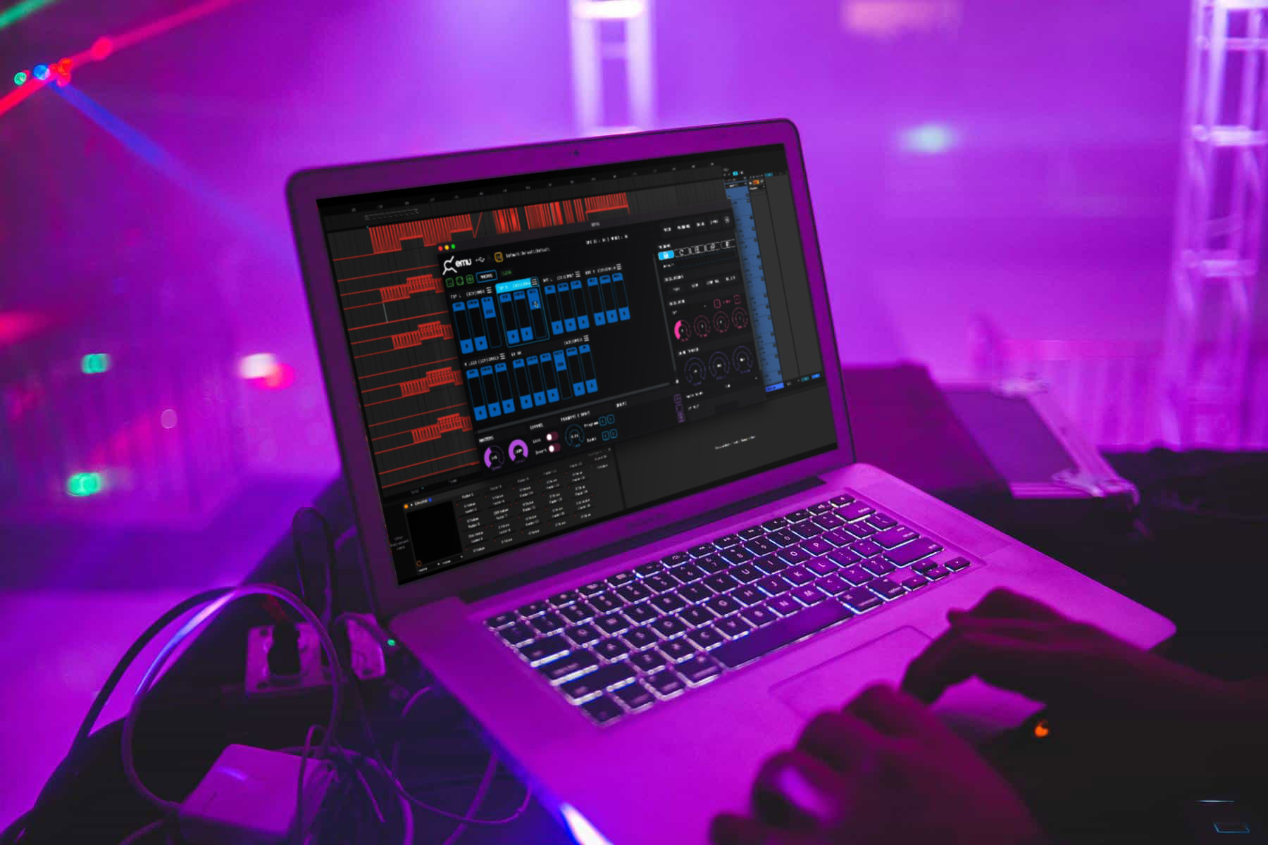 Laptop running ENTTEC EMU DMX lighting control software