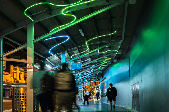 Neon flex in the ceiling of a public transport interchange
